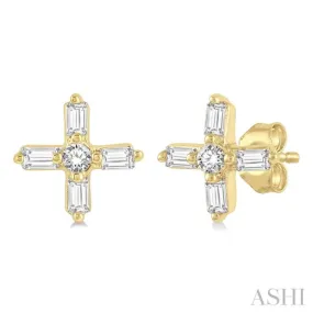 1/10 ctw Greek Cross Baguette and Round Cut Diamond Petite Stud Earring in 10K Yellow Gold