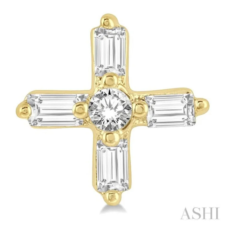 1/10 ctw Greek Cross Baguette and Round Cut Diamond Petite Stud Earring in 10K Yellow Gold