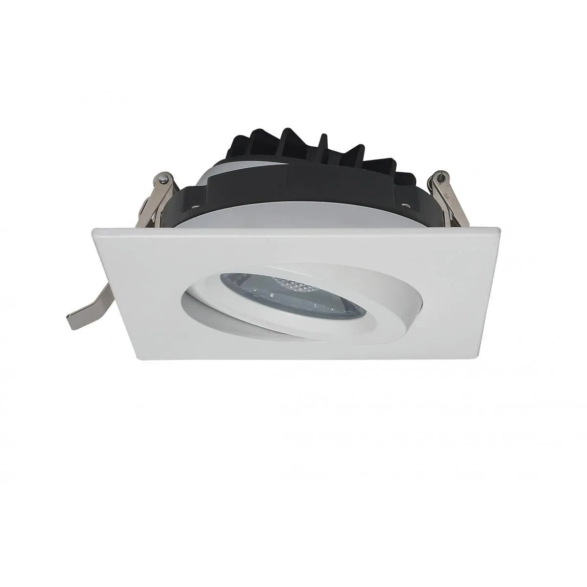 12 watt LED Direct Wire Downlight; Gimbaled; 4 inch; 3000K; 120 volt; Dimmable; Square; Remote Driver; White