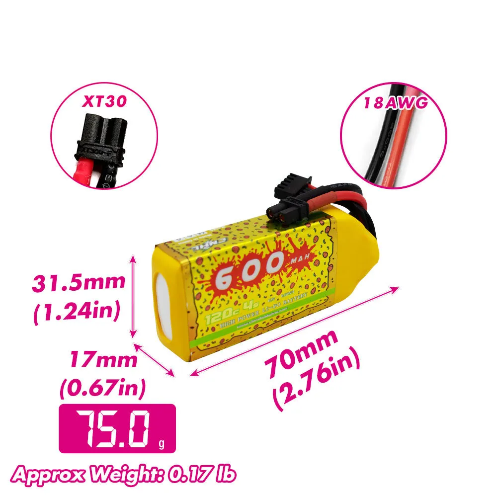 2 Packs CNHL Pizza Series 600mAh 14.8V 4S 120C Lipo Battery With XT30U - UK Warehouse