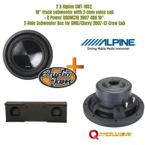 2 X Alpine SWT-10S2  10" truck subwoofer with 2-ohm voice coil   Q Power QBGMC10 2007 4DR 10" 2-Hole Subwoofer Box for GMC/Chevy 2007-13 Crew Cab