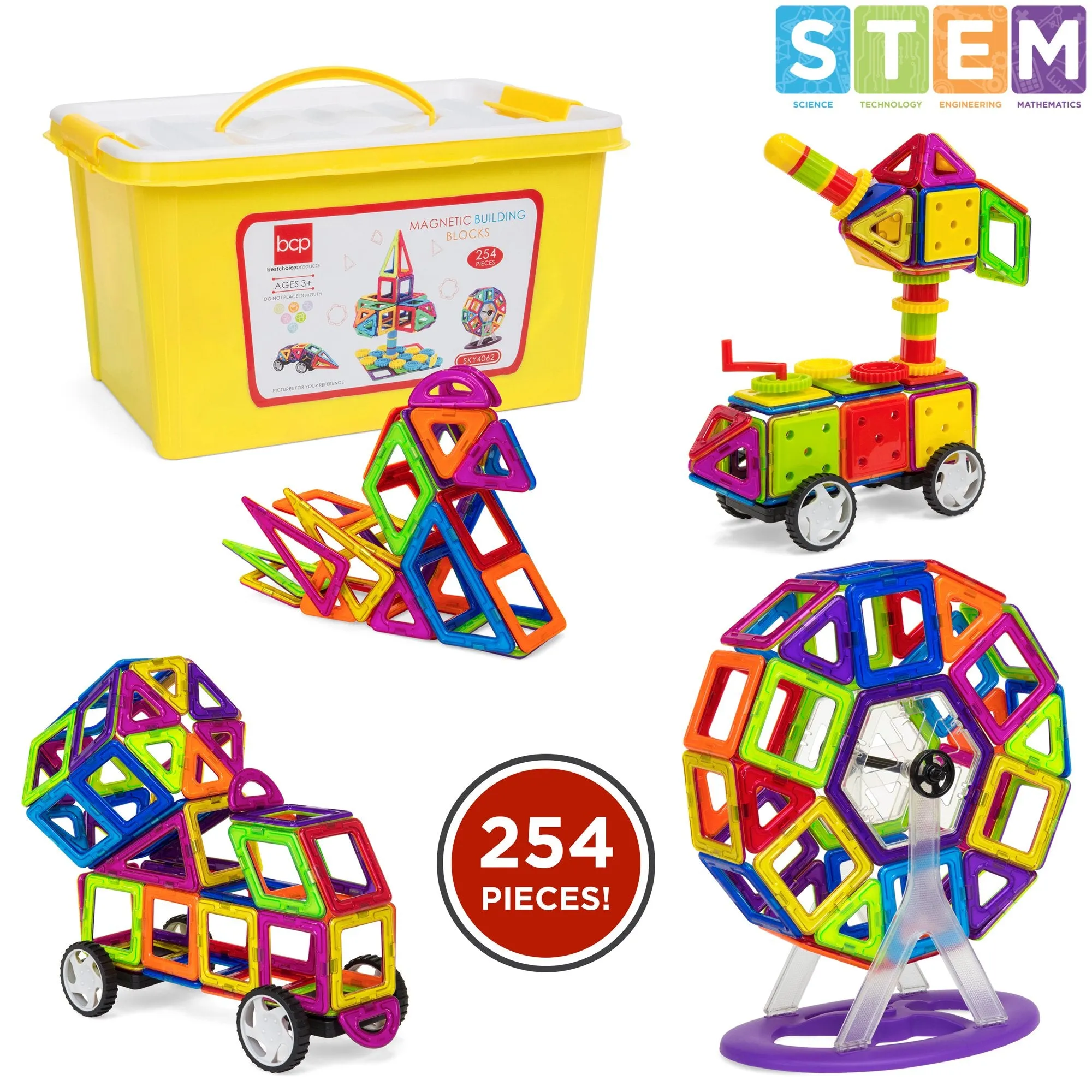 254-Piece Kids Magnetic Building Tiles Toy Set w/ Storage Box - Multicolor