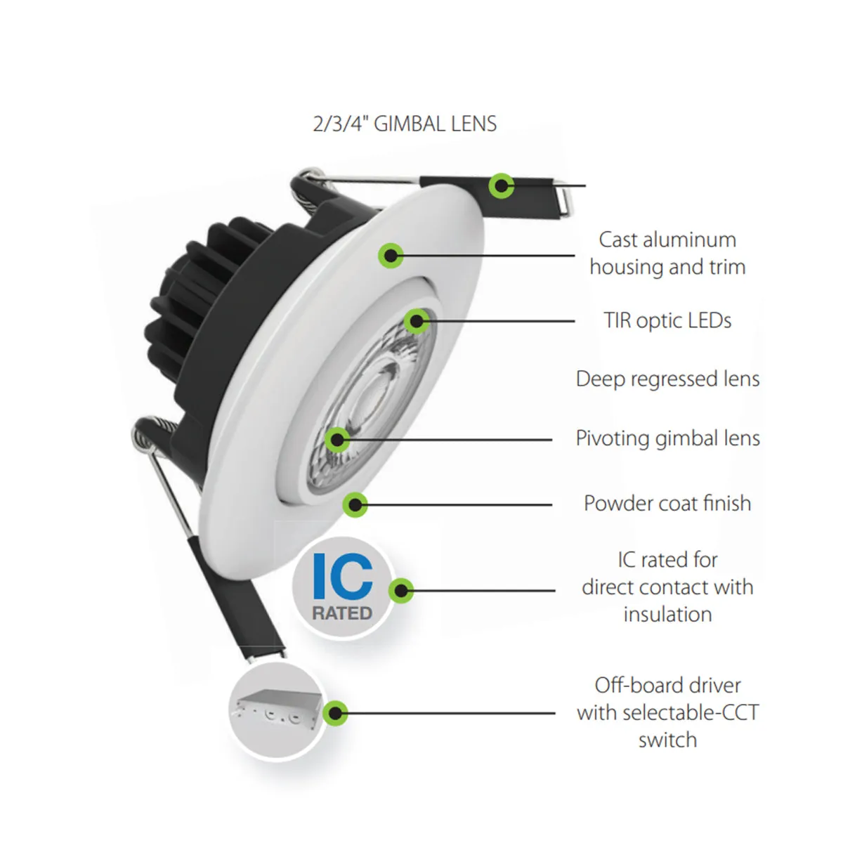 2" Gimbal Canless LED Downlight, 400lm, Selectable 2700K to 5000K,  38° Spot, Deep Regress Trim