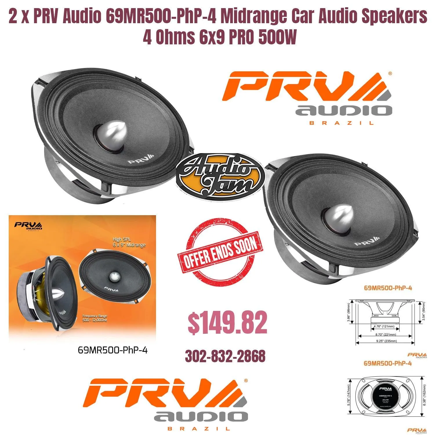 2x PRV Audio 69MR500-PhP-4 Midrange Car Audio Speakers 4 Ohms 6x9 PRO 500W