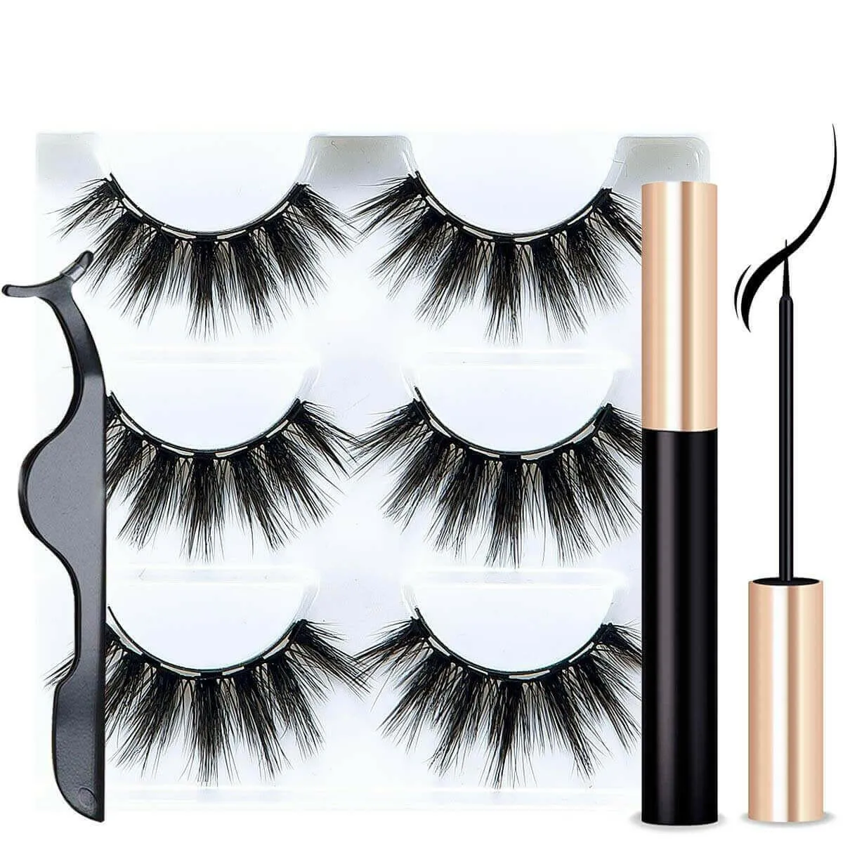 3Pairs Magnetic Liquid Eyeliner with False Eyelashes With Tweezers Set