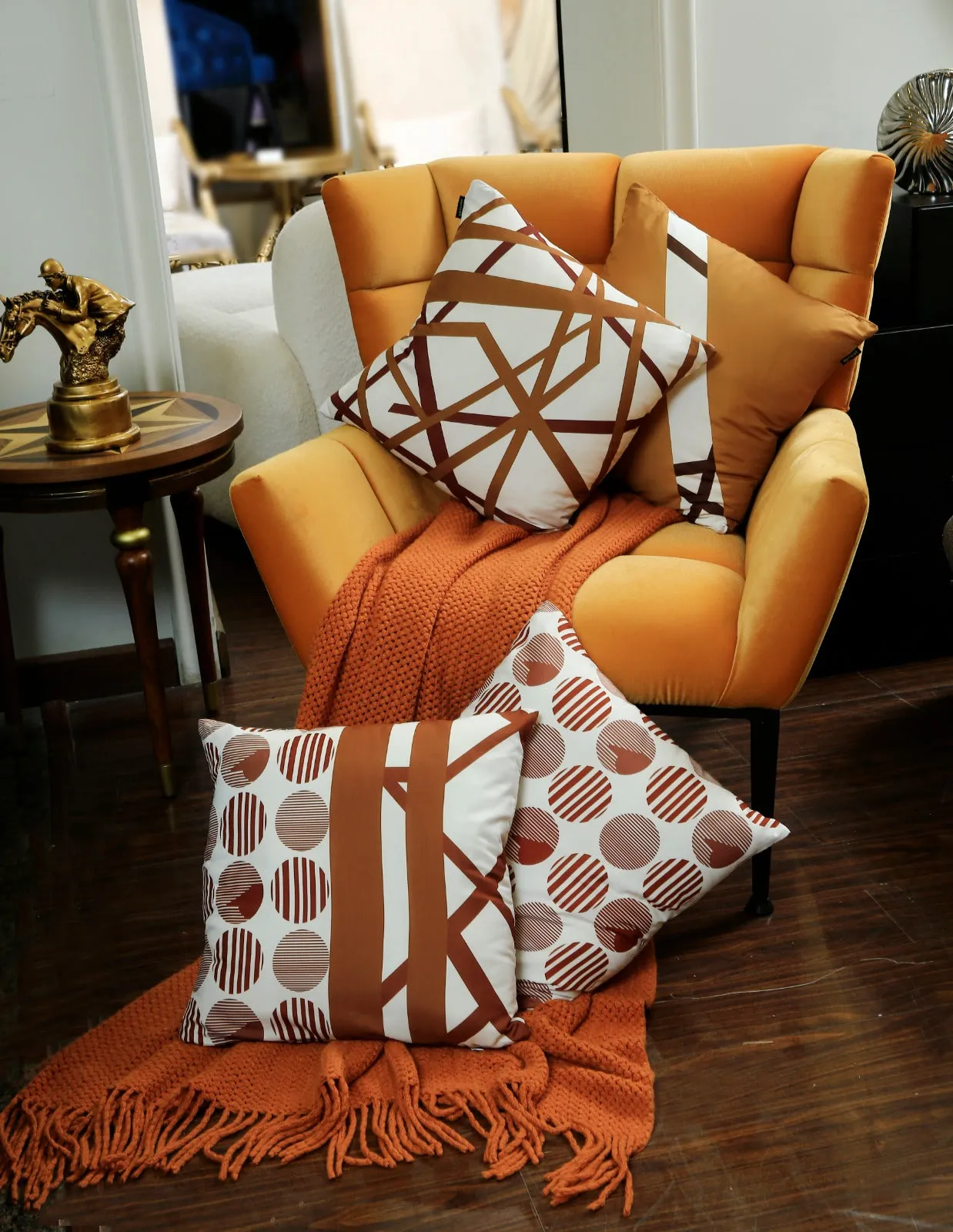 4 PCs Digital Printed Cotton Cushions-Brown Geometric