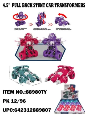 4.5" Pull Back Stunt Transformer Car 3 Colors Mixed