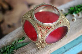 Antique Red Velvet Filigree Glass Jewelry Box