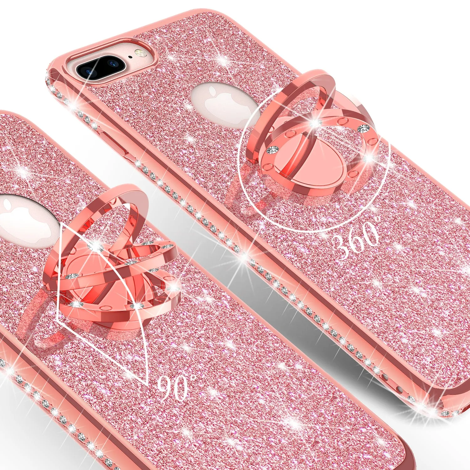 Apple iPhone 7 Case, Glitter Cute Phone Case Girls with Kickstand,Bling Diamond Rhinestone Bumper Ring Stand Sparkly Luxury Clear Thin Soft Protective Apple iPhone 7 Case for Girl Women - Rose Gold