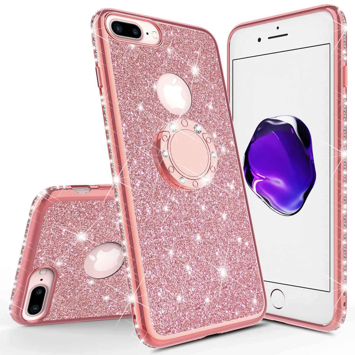 Apple iPhone 7 Case, Glitter Cute Phone Case Girls with Kickstand,Bling Diamond Rhinestone Bumper Ring Stand Sparkly Luxury Clear Thin Soft Protective Apple iPhone 7 Case for Girl Women - Rose Gold