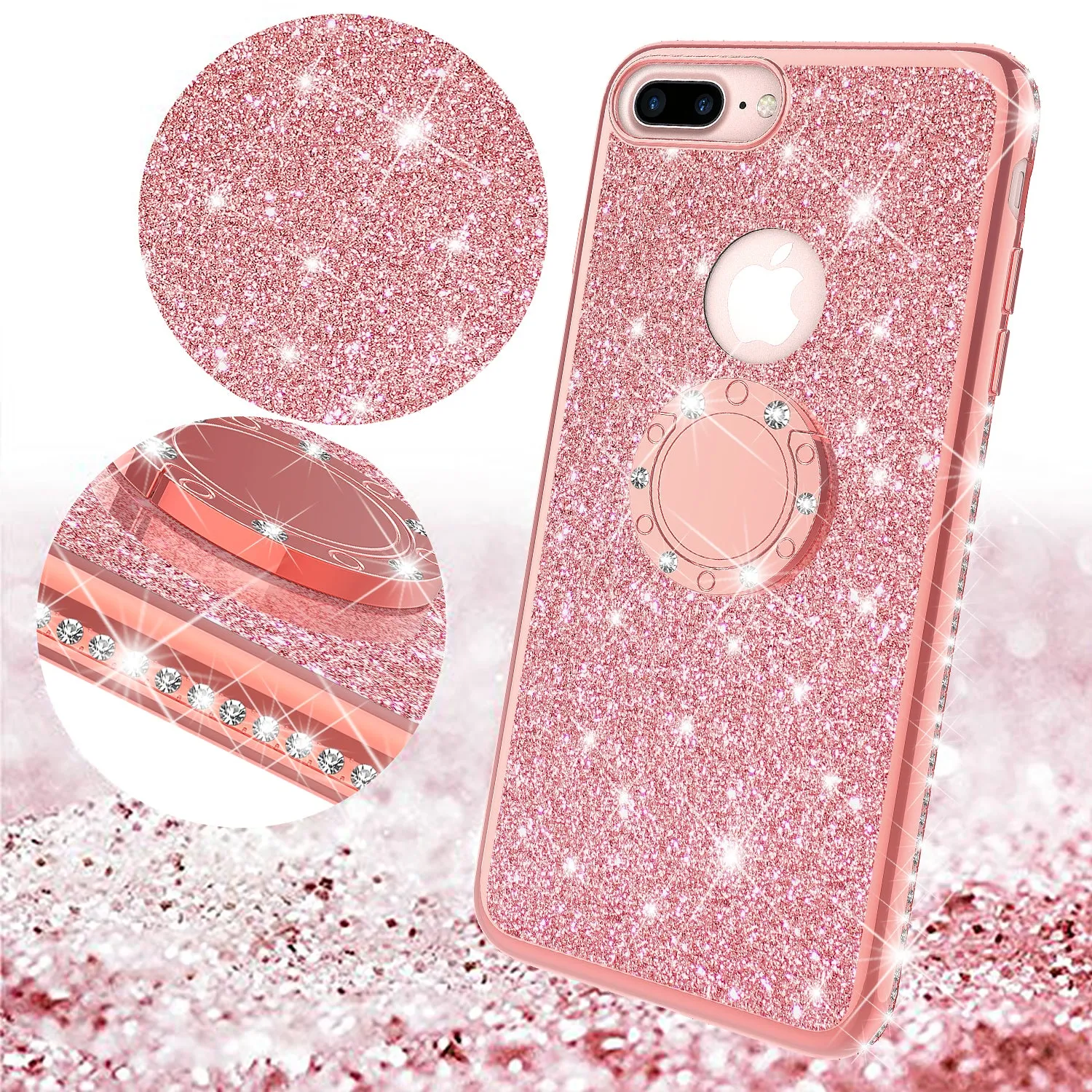 Apple iPhone 7 Case, Glitter Cute Phone Case Girls with Kickstand,Bling Diamond Rhinestone Bumper Ring Stand Sparkly Luxury Clear Thin Soft Protective Apple iPhone 7 Case for Girl Women - Rose Gold