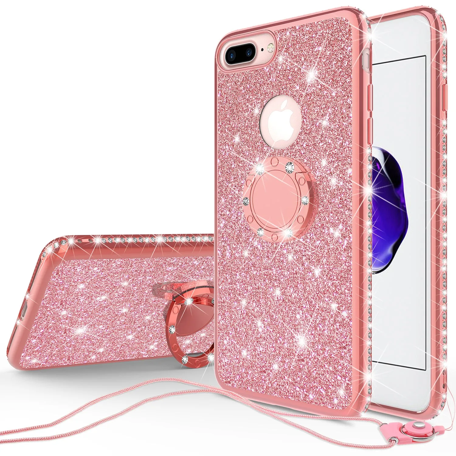 Apple iPhone 7 Case, Glitter Cute Phone Case Girls with Kickstand,Bling Diamond Rhinestone Bumper Ring Stand Sparkly Luxury Clear Thin Soft Protective Apple iPhone 7 Case for Girl Women - Rose Gold