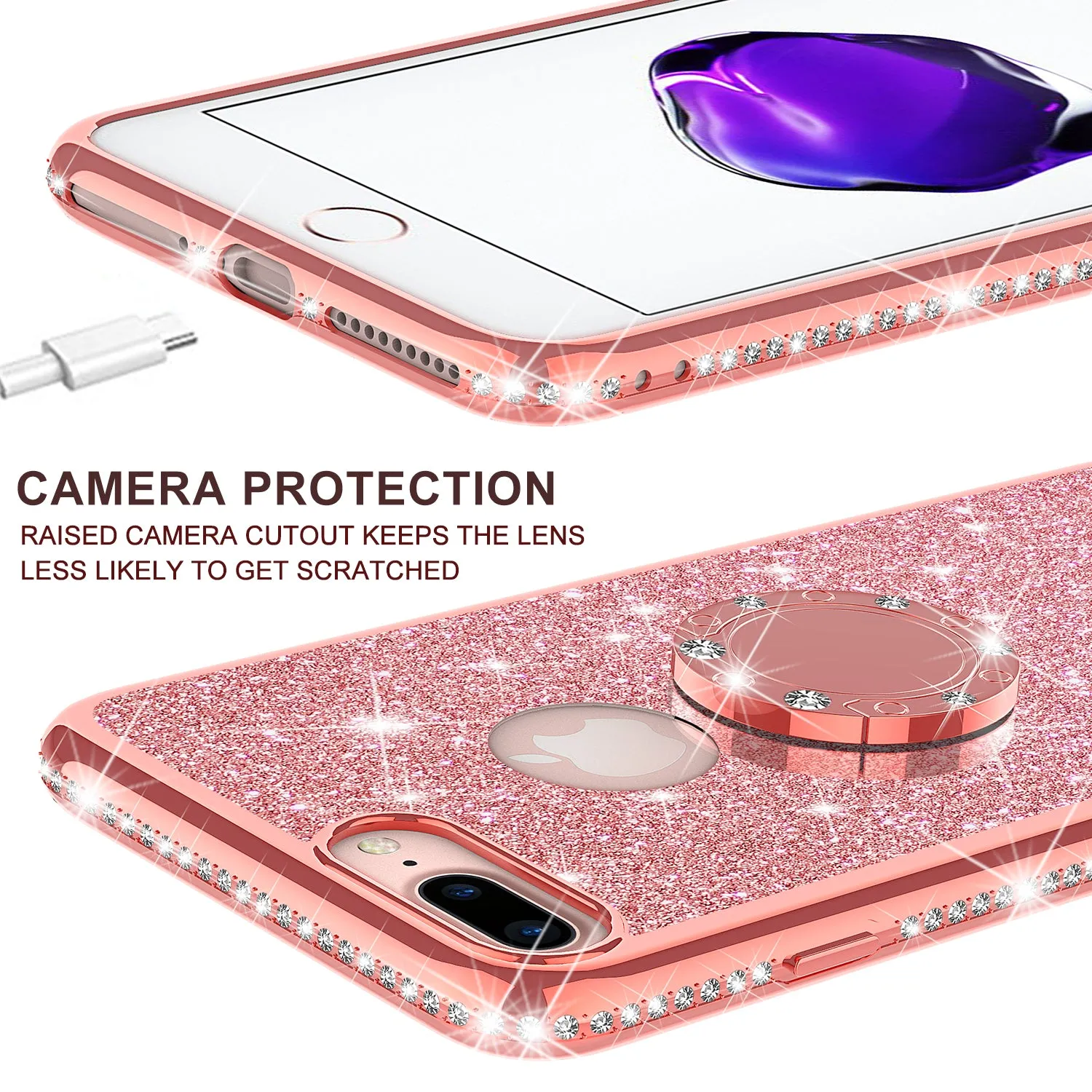 Apple iPhone 7 Case, Glitter Cute Phone Case Girls with Kickstand,Bling Diamond Rhinestone Bumper Ring Stand Sparkly Luxury Clear Thin Soft Protective Apple iPhone 7 Case for Girl Women - Rose Gold