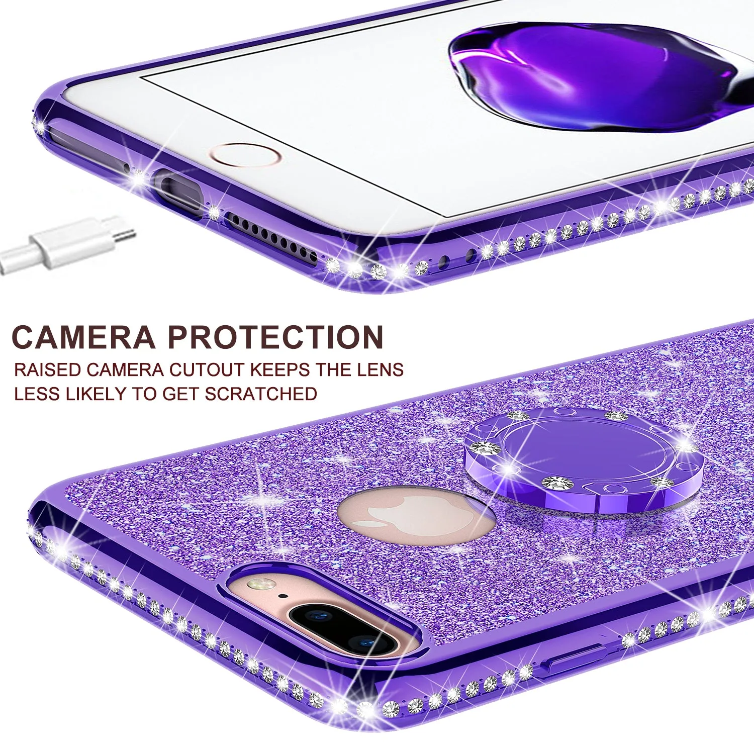 Apple iPhone 8 Plus Case, Glitter Cute Phone Case Girls with Kickstand,Bling Diamond Rhinestone Bumper Ring Stand Sparkly Luxury Clear Thin Soft Protective Apple iPhone 8 Plus Case for Girl Women - Purple