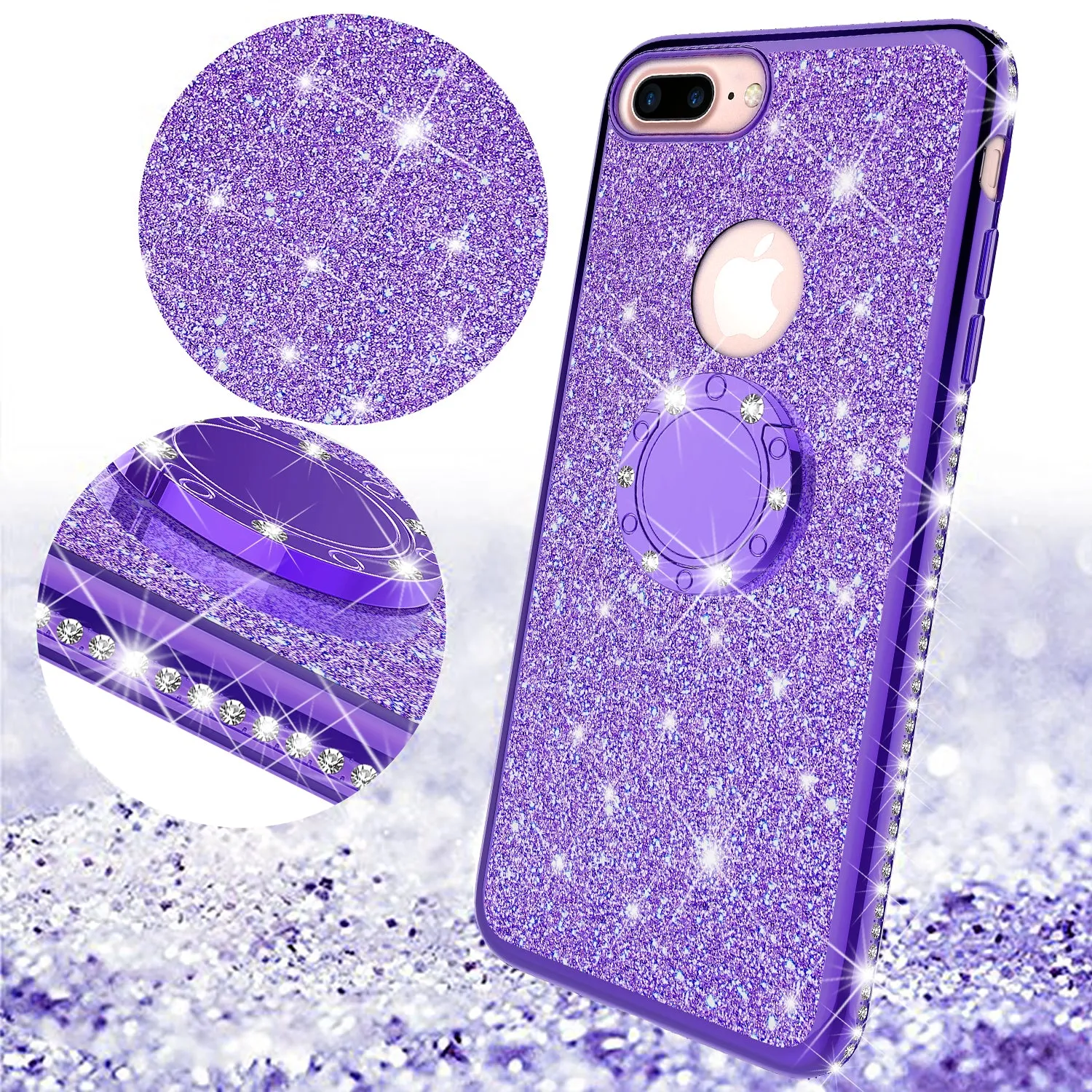 Apple iPhone 8 Plus Case, Glitter Cute Phone Case Girls with Kickstand,Bling Diamond Rhinestone Bumper Ring Stand Sparkly Luxury Clear Thin Soft Protective Apple iPhone 8 Plus Case for Girl Women - Purple