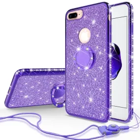 Apple iPhone 8 Plus Case, Glitter Cute Phone Case Girls with Kickstand,Bling Diamond Rhinestone Bumper Ring Stand Sparkly Luxury Clear Thin Soft Protective Apple iPhone 8 Plus Case for Girl Women - Purple