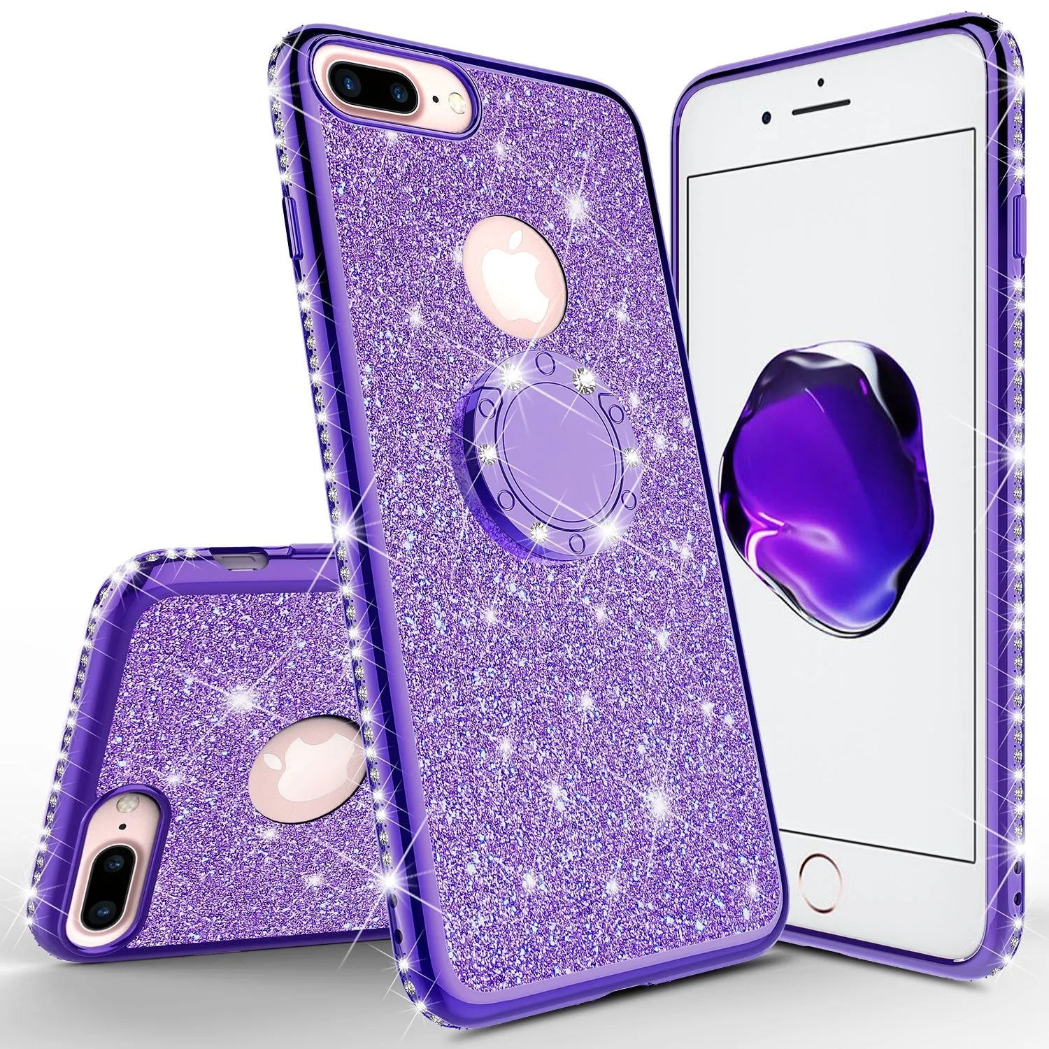 Apple iPhone 8 Plus Case, Glitter Cute Phone Case Girls with Kickstand,Bling Diamond Rhinestone Bumper Ring Stand Sparkly Luxury Clear Thin Soft Protective Apple iPhone 8 Plus Case for Girl Women - Purple