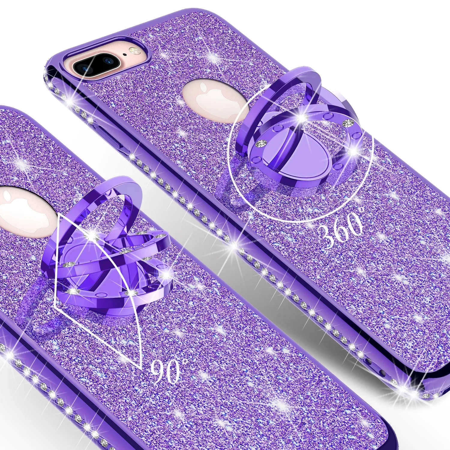 Apple iPhone 8 Plus Case, Glitter Cute Phone Case Girls with Kickstand,Bling Diamond Rhinestone Bumper Ring Stand Sparkly Luxury Clear Thin Soft Protective Apple iPhone 8 Plus Case for Girl Women - Purple