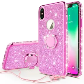 Apple iPhone XS Max , Apple A1921 Case, Glitter Cute Phone Case Girls with Kickstand,Bling Diamond Rhinestone Bumper Ring Stand Sparkly Luxury Clear Thin Soft Protective Apple iPhone XS Max Case for Girl Women - Hot Pink