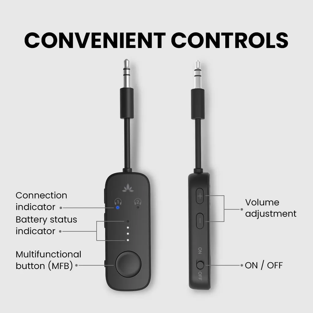 Avantree Relay - Premium Airplane Bluetooth 5.3 Adapter, Supports 2 AirPods or Headphones with aptX Adaptive & Low Latency, 3.5mm AUX Jack Wireless Audio Transmitter for Planes, Airline, Travel, TV