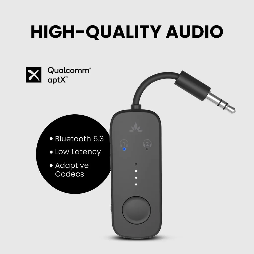 Avantree Relay - Premium Airplane Bluetooth 5.3 Adapter, Supports 2 AirPods or Headphones with aptX Adaptive & Low Latency, 3.5mm AUX Jack Wireless Audio Transmitter for Planes, Airline, Travel, TV