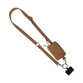 Brown Clip & Go Brushed Vegan Leather Phone Lanyard - Rfid Pouch