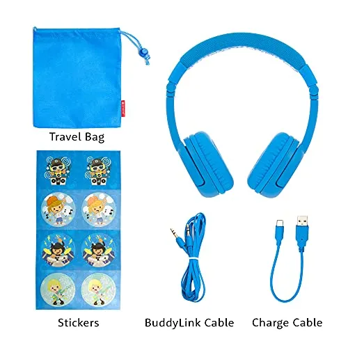 BuddyPhones Play , Wireless Bluetooth Volume-limiting Kids Headphones, 75-85-94dB, 20-Hours Battery Life, Built-in Microphone, On-Ear Headset for School or Travel, Perfect for iPad, Tablet, CoolBlue