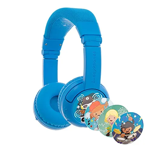 BuddyPhones Play , Wireless Bluetooth Volume-limiting Kids Headphones, 75-85-94dB, 20-Hours Battery Life, Built-in Microphone, On-Ear Headset for School or Travel, Perfect for iPad, Tablet, CoolBlue