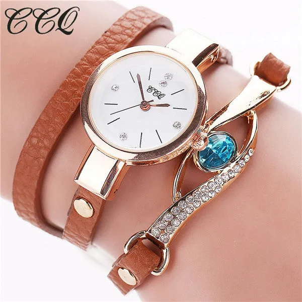 CCQ Brand Luxury Eye Gemstone Watches Women Gold Bracelet Watch Female PU Leather Quartz Dress Wristwatches Relogio Feminino C53