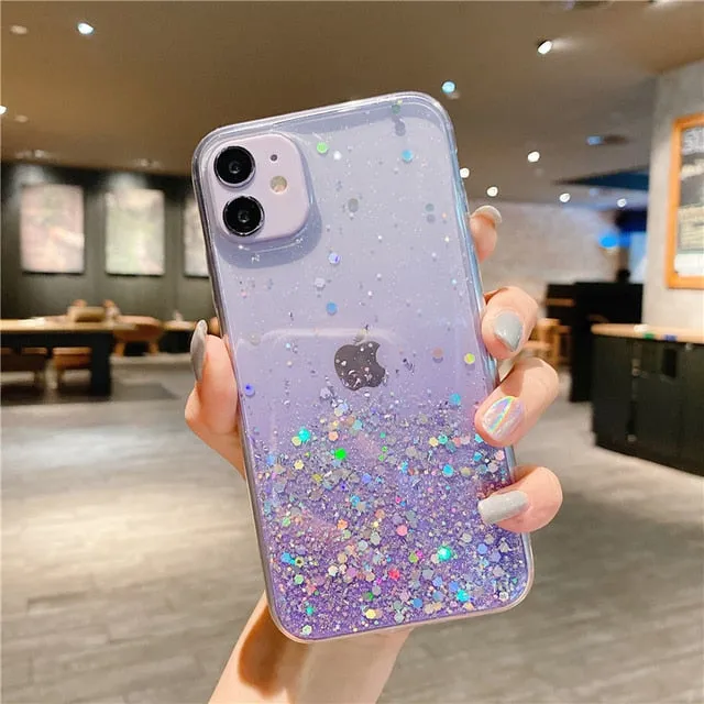 Clear Glitter Phone Case iPhone 13 12 Pro 11 Pro Max XS Max XR X 12Mini SE 2020 Cute Gradient Rainbow Sequins Cover