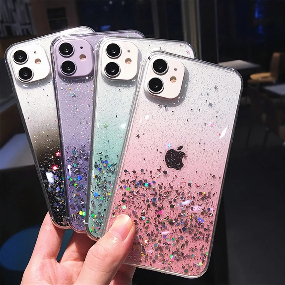 Clear Glitter Phone Case iPhone 13 12 Pro 11 Pro Max XS Max XR X 12Mini SE 2020 Cute Gradient Rainbow Sequins Cover