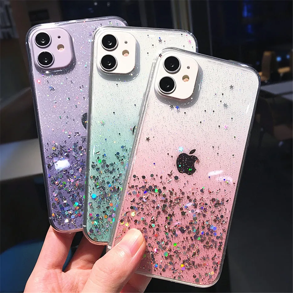 Clear Glitter Phone Case iPhone 13 12 Pro 11 Pro Max XS Max XR X 12Mini SE 2020 Cute Gradient Rainbow Sequins Cover