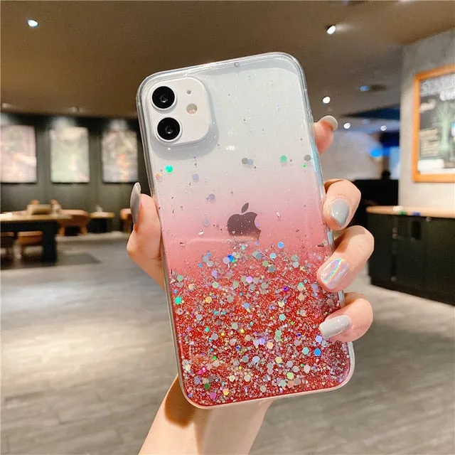 Clear Glitter Phone Case iPhone 13 12 Pro 11 Pro Max XS Max XR X 12Mini SE 2020 Cute Gradient Rainbow Sequins Cover