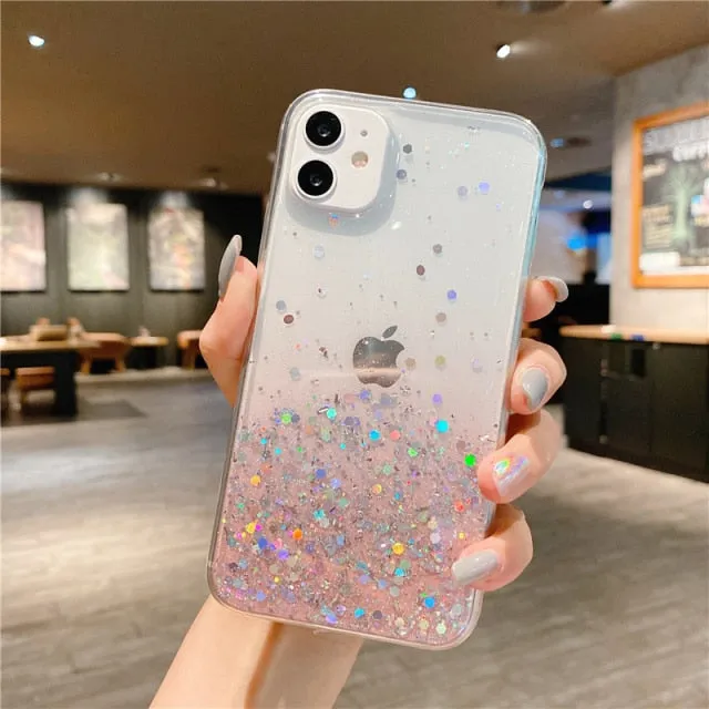 Clear Glitter Phone Case iPhone 13 12 Pro 11 Pro Max XS Max XR X 12Mini SE 2020 Cute Gradient Rainbow Sequins Cover