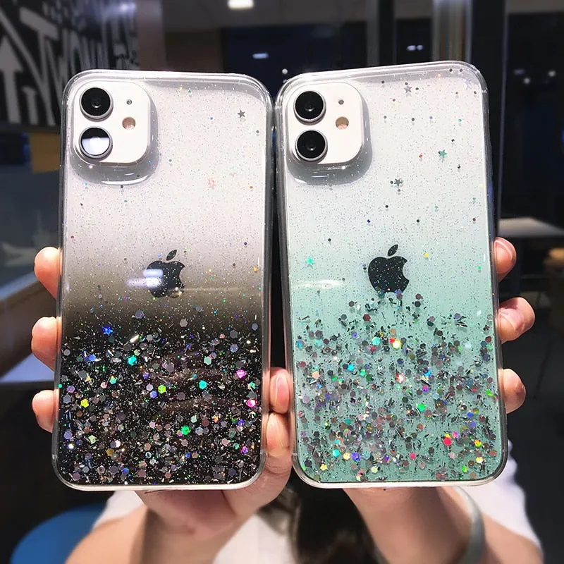 Clear Glitter Phone Case iPhone 13 12 Pro 11 Pro Max XS Max XR X 12Mini SE 2020 Cute Gradient Rainbow Sequins Cover