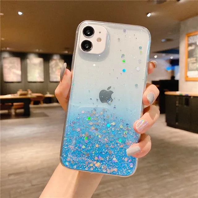 Clear Glitter Phone Case iPhone 13 12 Pro 11 Pro Max XS Max XR X 12Mini SE 2020 Cute Gradient Rainbow Sequins Cover