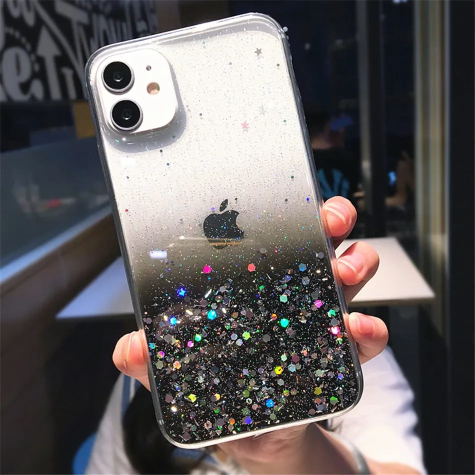 Clear Glitter Phone Case iPhone 13 12 Pro 11 Pro Max XS Max XR X 12Mini SE 2020 Cute Gradient Rainbow Sequins Cover