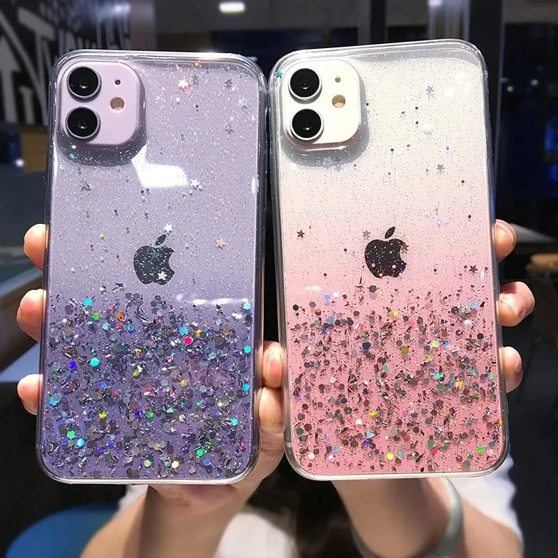 Clear Glitter Phone Case iPhone 13 12 Pro 11 Pro Max XS Max XR X 12Mini SE 2020 Cute Gradient Rainbow Sequins Cover