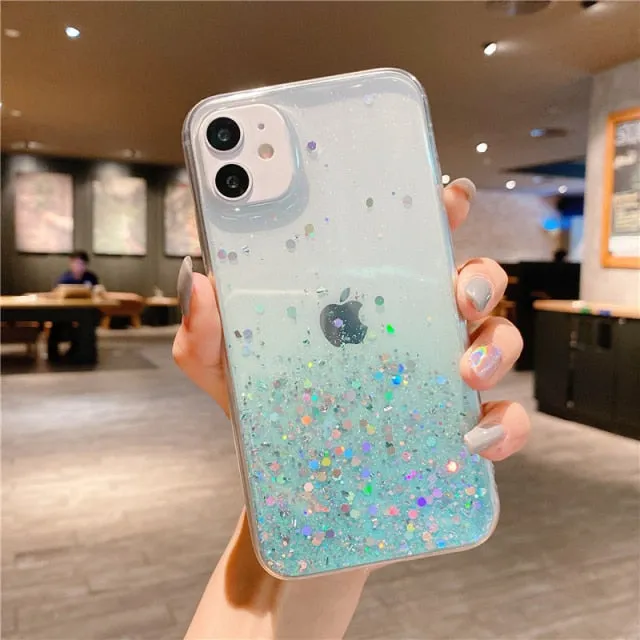 Clear Glitter Phone Case iPhone 13 12 Pro 11 Pro Max XS Max XR X 12Mini SE 2020 Cute Gradient Rainbow Sequins Cover