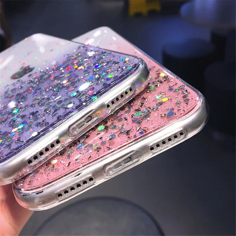 Clear Glitter Phone Case iPhone 13 12 Pro 11 Pro Max XS Max XR X 12Mini SE 2020 Cute Gradient Rainbow Sequins Cover