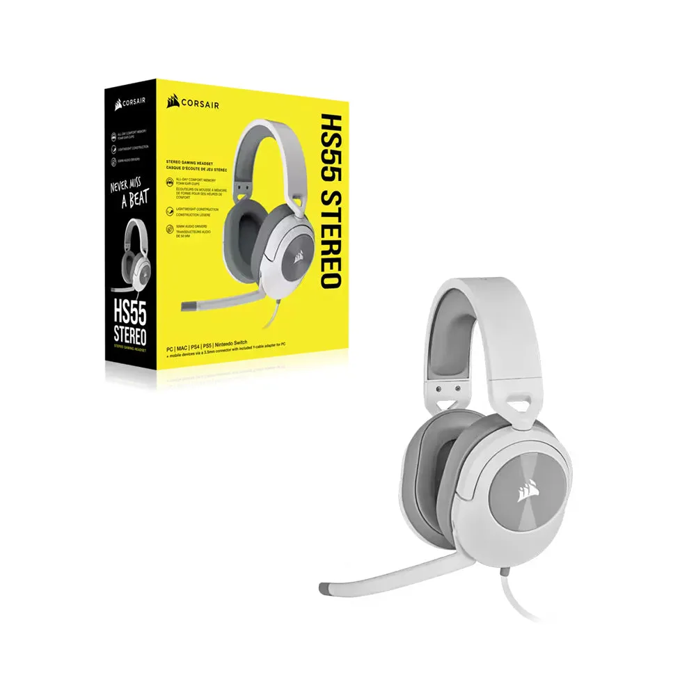 CORSAIR HS55 Stereo Wired Gaming Headphone with On-Ear Controls and Omnidirectional Flip to Mute Microphone for PC Laptop and Gaming Consoles (White) | CA-9011261-AP