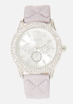 Crystal Bezel Quilted Vegan Leather Strap Watch