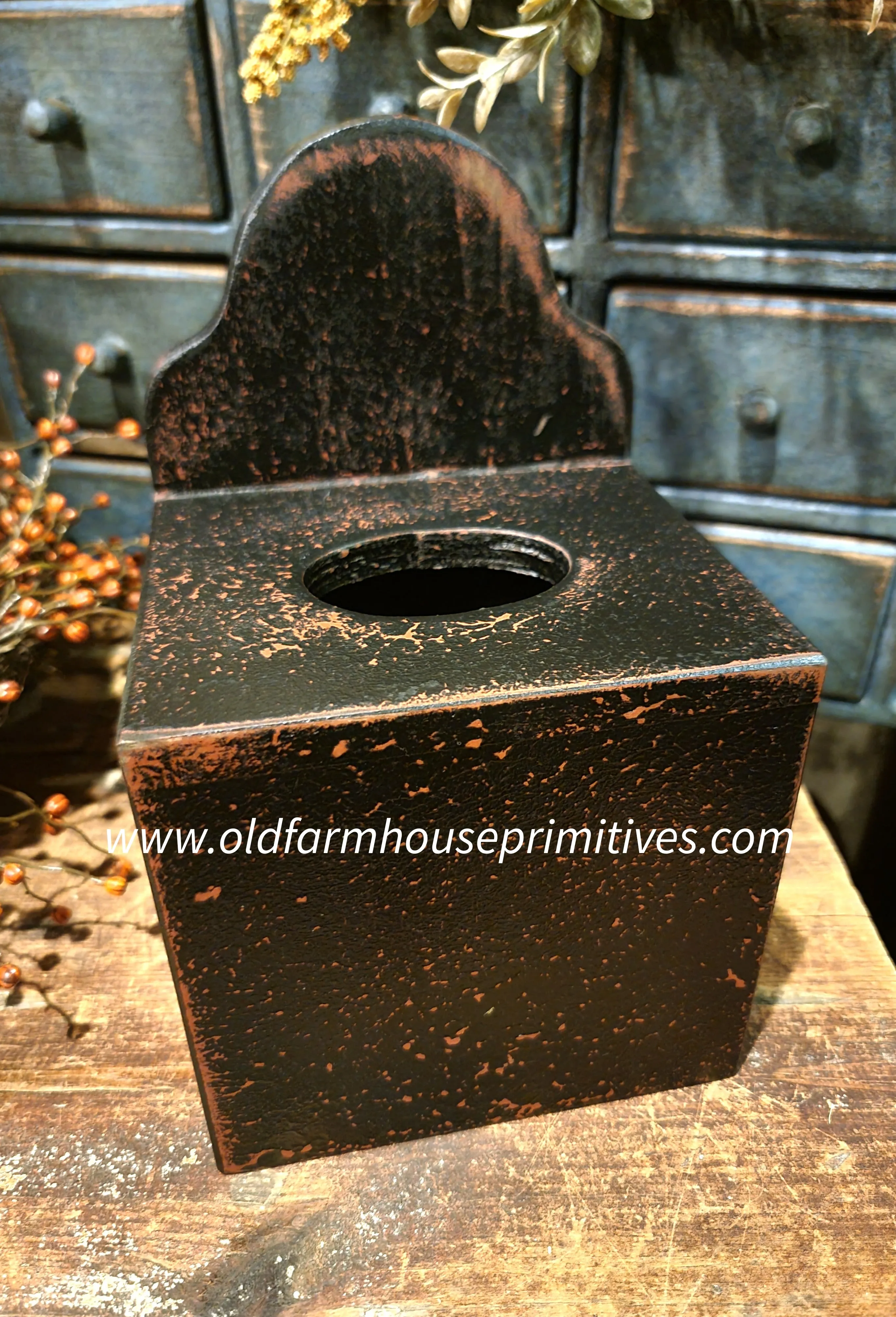 #CT-TBB  Primitive Wood Tissue Box - Distressed Black over Red