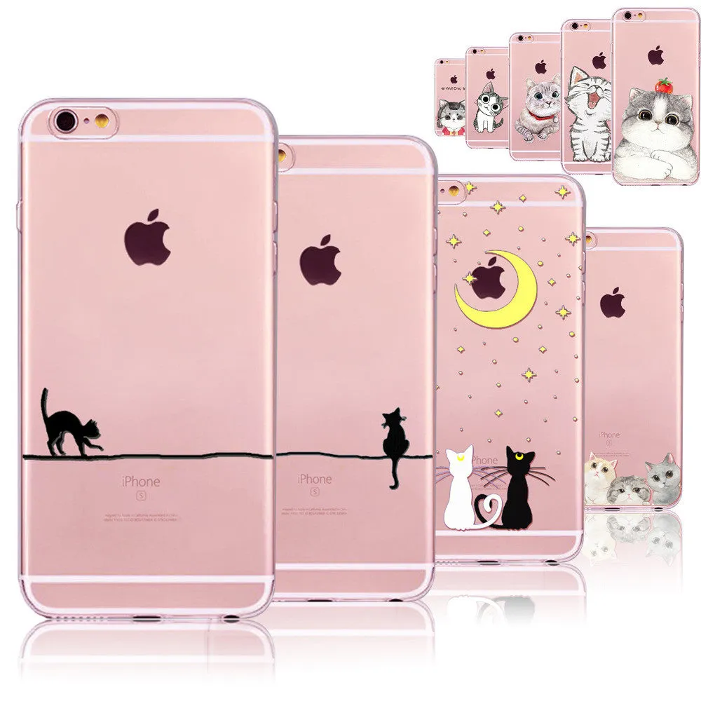 Cute Cats Phone Cases For iphone 6 6S 7 7PLUS 5 5S SE 6PLUS 6SPlus Funny Cat Animals Clear TPU Cover Coque For iphone 6 Case