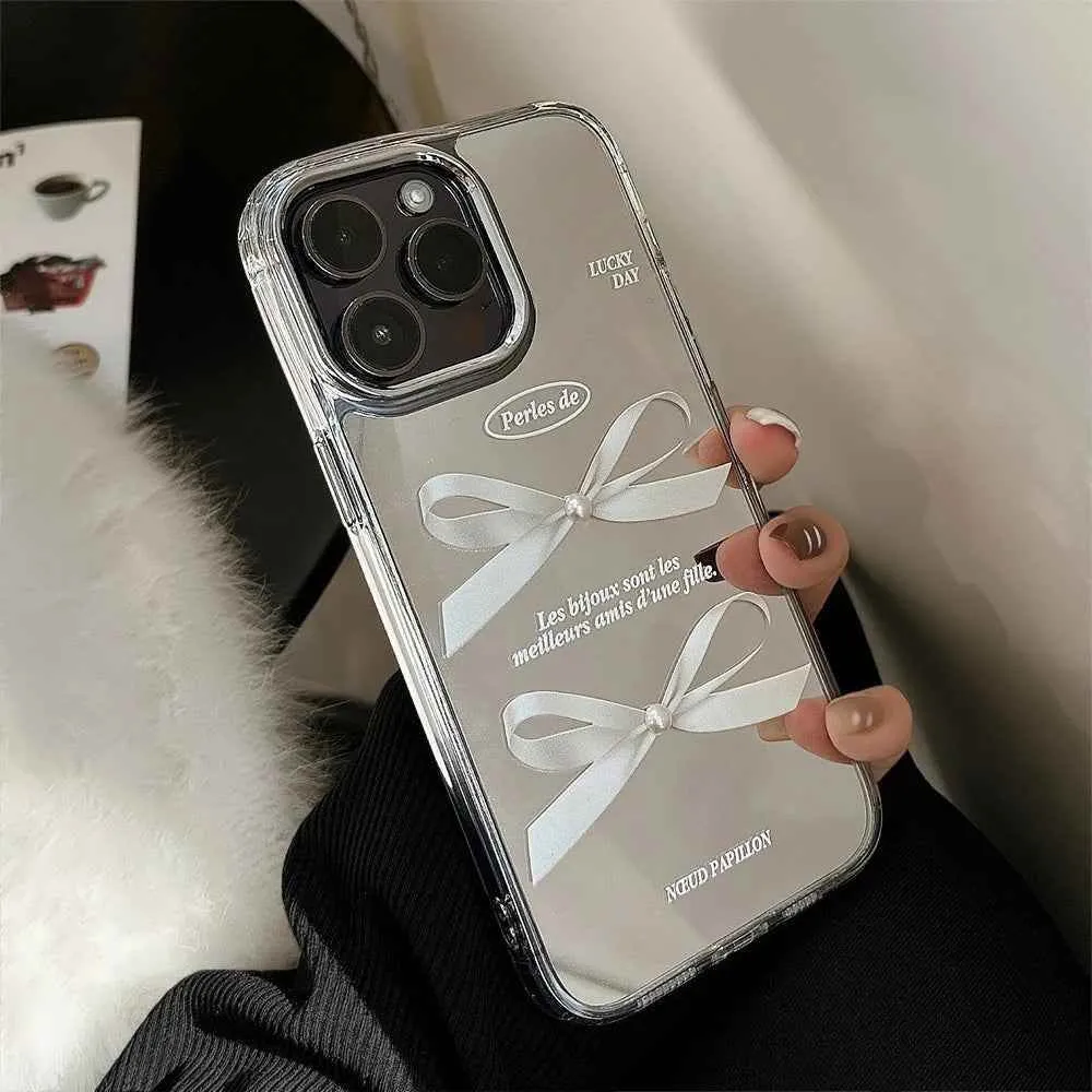 Cute Phone Cases for iPhone 11, 12, 13, 14, and 15 - Pearl Bowknot Makeup Mirror Back Cover - TSP471