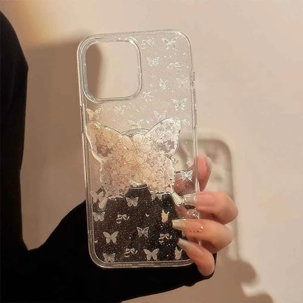 Cute Phone Cases for iPhone 15, 14, 13, 12 Pro Max, 14 Plus, and 11 - Clear Butterfly Holder - Bumper Cover - TSP351