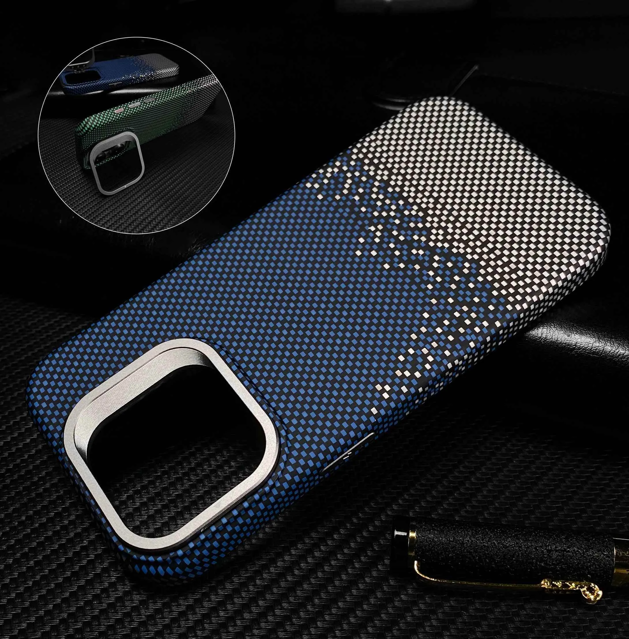 Cute Phone Cases For iPhone 16, 15, 14, and 13 Pro Max - Metal Holder, Silver Sand Carbon Fiber Pattern - TSP413