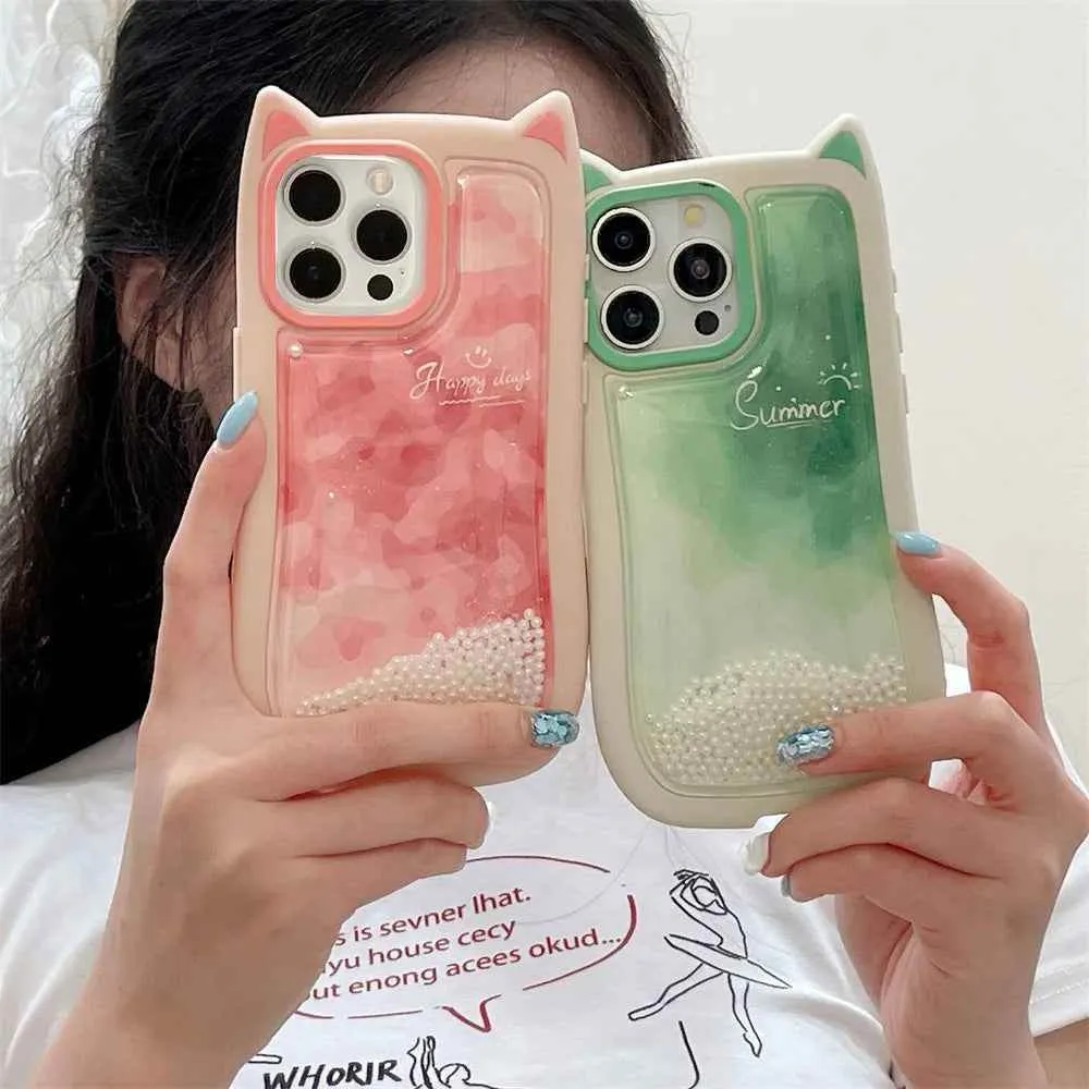 Cute Phone Cases: Gradient Pink Green Cat Ears Back Cover for iPhone 11-15 Pro Max - TSP290