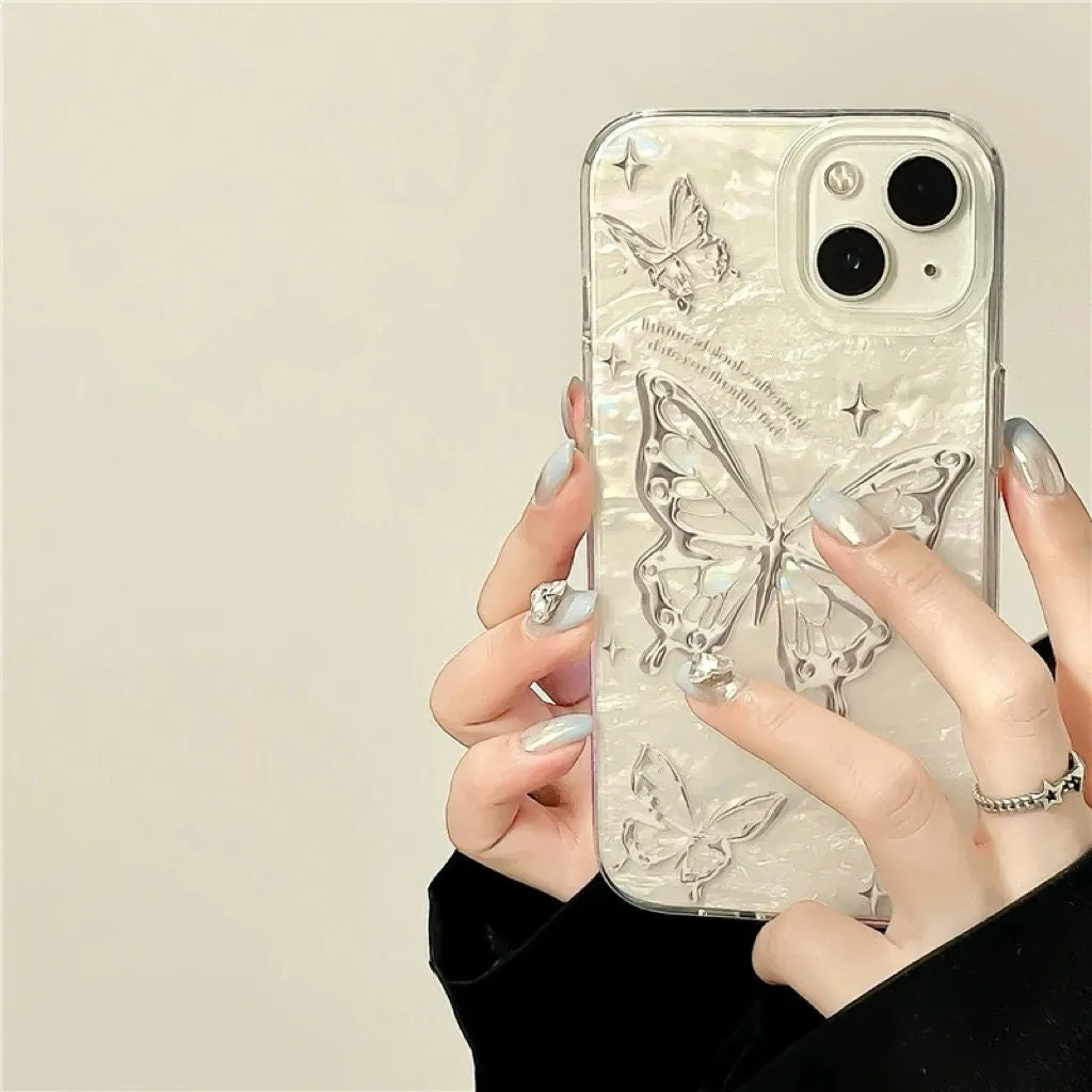 Cute White Pearlescent Holographic with Silver Gray Butterflies Print Design Protective Phone Case for iPhone 11 12 13 14 15 Pro Max