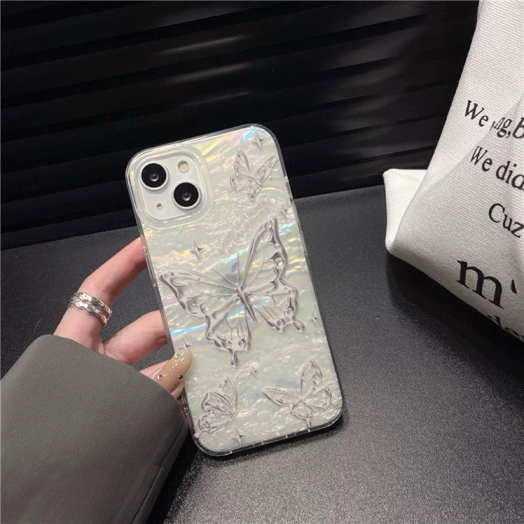 Cute White Pearlescent Holographic with Silver Gray Butterflies Print Design Protective Phone Case for iPhone 11 12 13 14 15 Pro Max